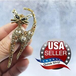 Elegant Kitty Cat Brooch Dark Light Yellow Tan Inverted Rhinestones Gold Tone